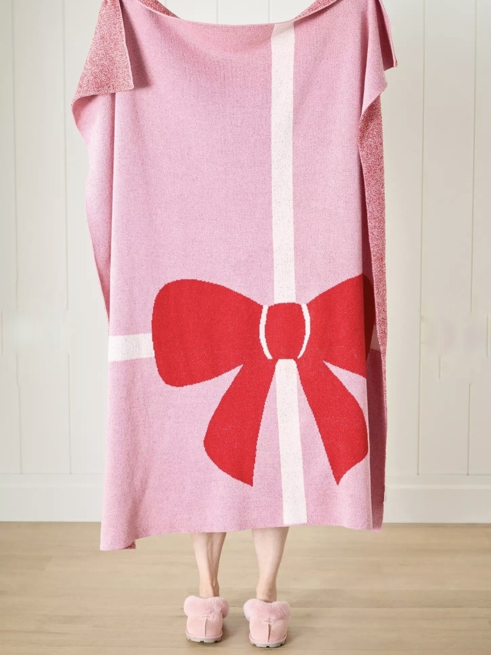 Anthropologie Pink Blanket-Style Sweater with Red Bow Graphic